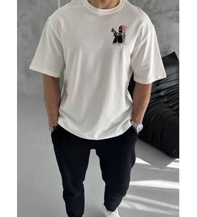 Erkek Kısa Kol Yazlık Tişört Bisiklet Yaka Baskılı Oversize T-Shirt - Beyaz