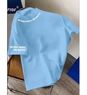 AMOR MAN BÜYÜK BEDEN ÖZEL TASARIM YAKA KOL MOTTO BASKILI PAMUK YENİ TREND BATTAL ERKEK T-SHIRT (Mavi)
