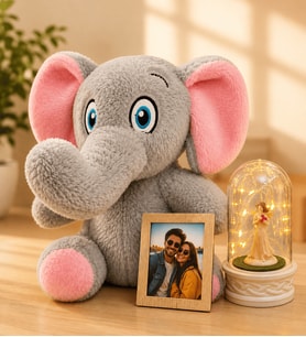 Kişiye Özel Fotoğraflı LED Işıklı Şans Melekli Fanus ve Peluş Fil Kadına Sevgiliye Hediye