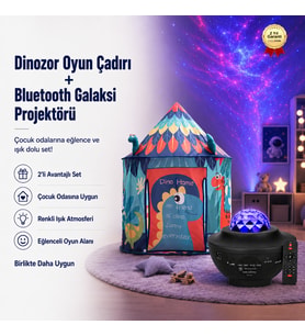Dinozor Temalı Çocuk Oyun Çadırı ve Bluetooth Galaksi Projektörü Eğlence Seti