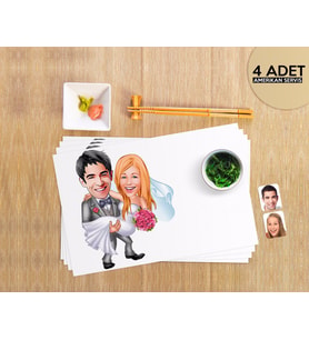 BK Gift Kişiye Özel Evleniyoruz Karikatürlü 4 Adet Amerikan Servis Seti-7 (Beyaz)