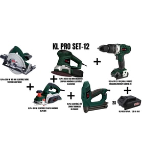 KLPro Set-12(185MM DAİRE TESTERE+850W PLANYA+150MM EKSANTRİK ZIMPARA+ÇİVİ TABANCASI+DARBELİ MATKAP)