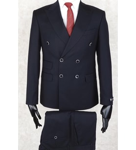 Jan Carlucci Slim Fit Geniş Sivri Yaka-Çift Yırtmaç  Lacivert Çift Cep Kruvaze Drop 6 Takım Elbise