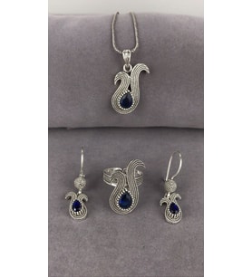 Telkari safir taşlı lale motif gümüş kadın set