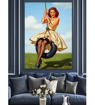 Lastik Salıncakta Oturan Pin-Up Kız Dekoratif Kanvas - Mdf Ahşap Tablo