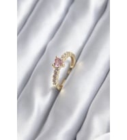 Pilelistore  Gold Renk Zirkon Taşlı Pembe Kristal Kalp Model Kadın Yüzük