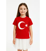 AY YILDIZLI TÜRK BAYRAKLI PAMUKLU PENYE KIZ ERKEK ÇOCUK BAYRAM, GÖSTERİ TİŞÖRT (Kırmızı-Beyaz)