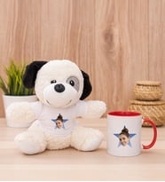 Kişiye Özel Mavi Yıldız Kafa Fotoğraflı Peluş Köpek ve Kırmızı Kupa