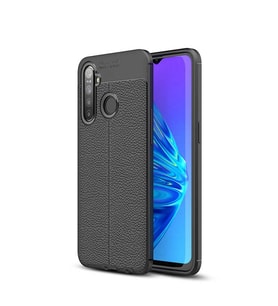 Realme C3 Kılıf Kamera Çıkıntılı Deri Desenli Silikon (Siyah)