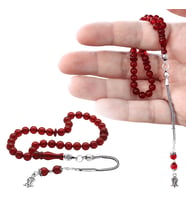 Damla Kehribar Tesbih - 925 Ayar Gümüş Püsküllü - Kırmızı Renk - Küre Kesim