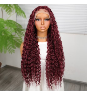 Afro Dalga Koyu Kızıl Fiber Sentetik T Tül Peruk
