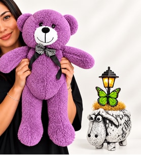 Sevimli Kuzu Masa Lambası ve Büyük Boy Mor Peluş Ayıcık – Sevgiliye Doğum Günü Yıl Dönümü Hediyesi