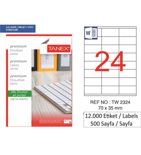 Tanex Lazer Etiket tw-2324 500 A4 Sayfa Laser Etiket 70 x 35 mm Boyutunda 1 A4 Sayfada 24 Etiket