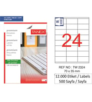 Tanex Lazer Etiket tw-2324 500 A4 Sayfa Laser Etiket 70 x 35 mm Boyutunda 1 A4 Sayfada 24 Etiket