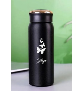 Kişiye Özel Dijital Göstergeli 500 ML Akıllı Kelebek Baskılı Termos - Sıcak Soğuk İçecek Şişesi (Siyah)