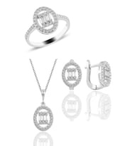 Söğütlü Silver Gümüş rodyumlu oval gümüş düz baget taşlı üçlü set