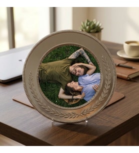 Kişiye Özel Fotoğraf Baskılı Gümüş Metal Tabak Plaket - Sevgiliye Şeffaf Ayaklı Yıl Dönümü Hediyesi