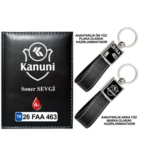 Plakanıza Özel Kanuni Motor Logolu Siyah Ruhsat Kabı ve Anahtarlık