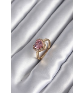 Pirinç Gold Renk Pembe Zirkon Taş Kalp Charm Model Kadın Yüzük TJ-BYK2955