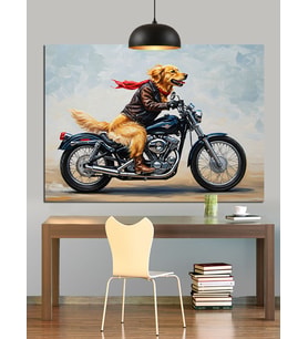 Golden Retreiver Köpek Motosiklete Biniyor Dekoratif Kanvas - Mdf Ahşap Tablo
