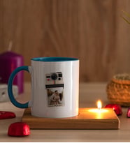 Kişye Özel Polaroid Tasarım Fotoğraflı Ahşap Altlıklı Mumlu Mavi Kupa