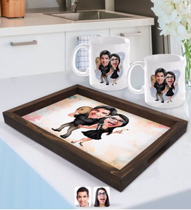 BK Gift Kişiye Özel Sevgililer Karikatürlü Doğal Ahşap Tepsi ve 2’li Kupa Bardak Seti-18