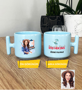 Kişiye Özel Karikatürlü Diş Hekimi Pastel T Kupa Diş Hekimleri Günü Hediyesi Kadın Diş Hekimine Hediye (Mavi)