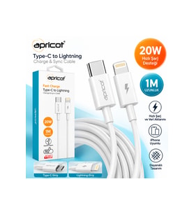 Apricot Type-C to Lightning 20W Hızlı Şarj ve Data Kablosu 1 Metre – Beyaz