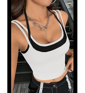 Fantezia Night Kadın Pembe Beyaz Çift Renk Çapraz Askılı Crop Top Bluz
