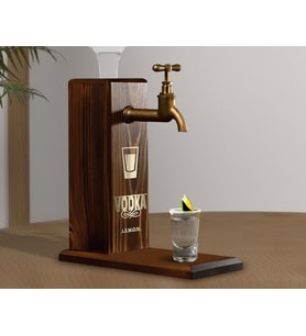 BK Gift Aynalı Altın Kabartma Musluklu Doğal Ceviz Ahşap Vodka Standı, Home Bar, İçecek Dispenseri, Ahşap İçecek Çeşmesi-4
