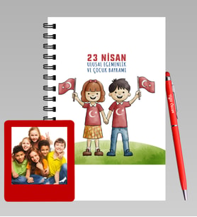 23 Nisan Tasarımlı Kişiye Özel Ahşap Defter Kalem &  Instagram Çerçeve Hediye Seti