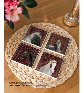Kırmızı Vintage Halı ve  At Figürlü Doğal Taş Bardak Altlığı Seti  (4’lü Set)