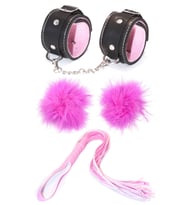 Pembe Deri Kırbaç Kelepçe Ve Göğüs Ucu 3'lü Set