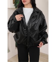 Oversize Vintage Bomber Deri Ceket (Siyah Deri)