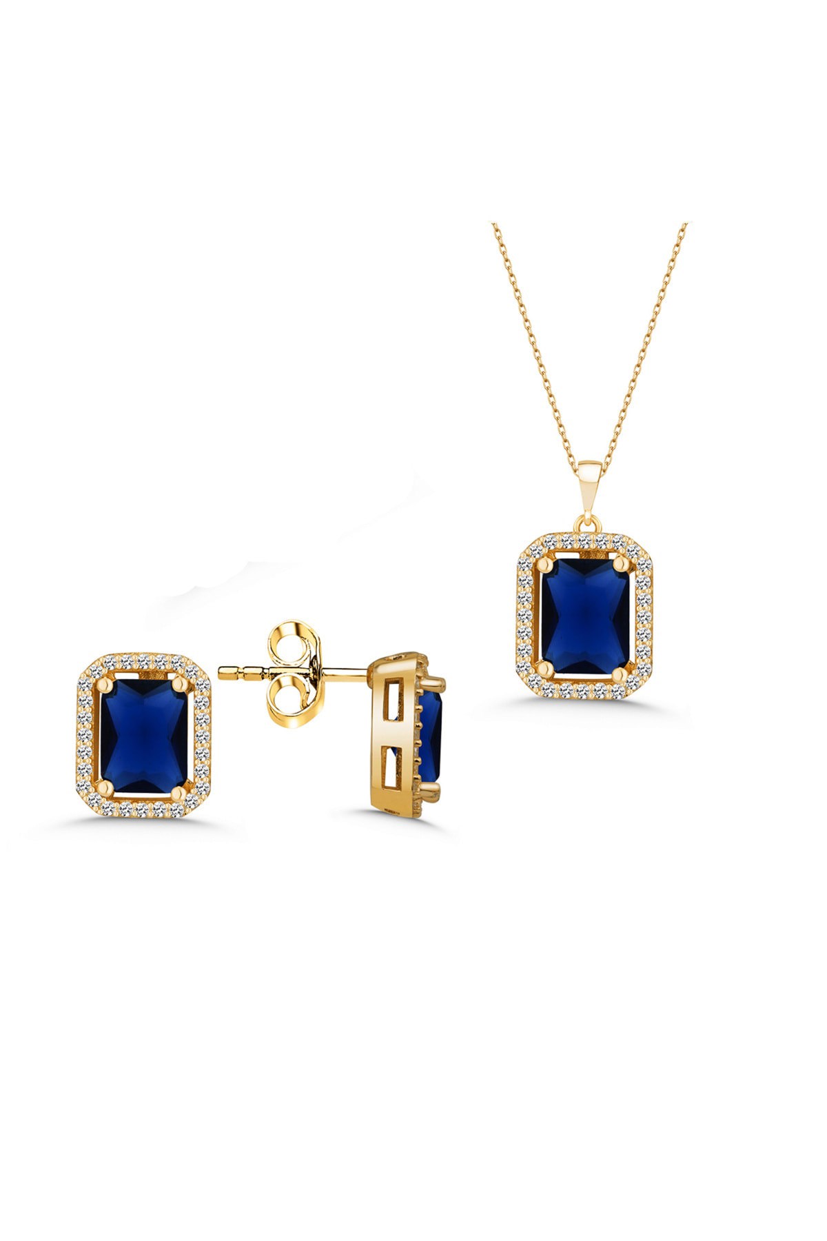 Lacivert Modern Gümüş Takı Seti 2 Li Gold