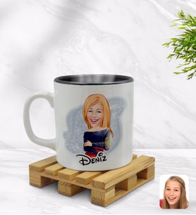 BK Gift Kişiye Özel Kadın Karikatürlü İçi Siyah Renkli Kupa Bardak Model 12