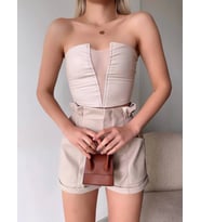 Tüllü deri crop bej w24615