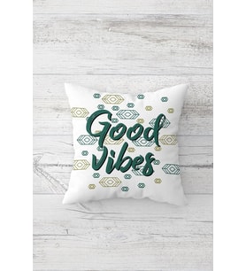 Good Vibes Yazılı Çift Tarafı Baskılı Gizli Fermuarlı Yastık Kılıfı Kırlent Koltuk Yastık Kılıfı (Beyaz)