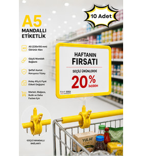 10 Adet - A5 Mandallı Etiketlik Fiyatlık Sepet Raf Askılık Fiyat Etiketi Çerçeveli Market Mağaza Sarı