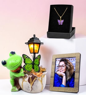 Fotoğraflı Kurbağa Tasarımlı Masa Lambası ve Kelebek Kolye Hediye Seti