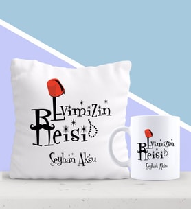 BK Gift Kişiye Özel Evimizin Reisi Tasarımlı Yastık ve Kupa Seti-1 (Model 1)
