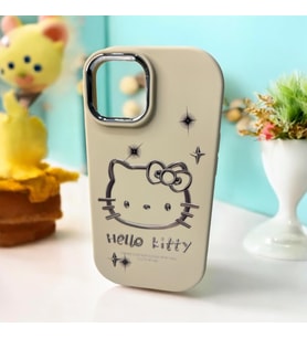 iPhone 14 Hello Kitty Kabartmalı Kaliteli Silikon Telefon Kılıfı (Krem)