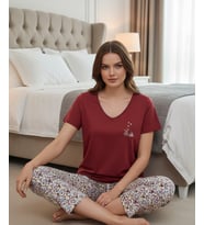 Mihra Kadın Viskon V Yaka Kısa Kol KAPRİ Likralı Pijama Takımı 40111BO - 1 Adet