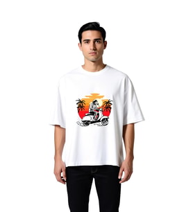 Erkek Oversize Tişört Retro Scooter Baskısı Gün Batımı Motifi Vintage Stil Rahat Kesim Günlük Modern