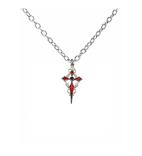 Kırmızı Sacina Gotik Haç Figürlü Unisex Kolye – 60 cm Zincirli, Alternatif & Vintage Metal Takı