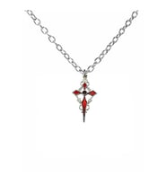 Kırmızı Sacina Gotik Haç Figürlü Unisex Kolye – 60 cm Zincirli, Alternatif & Vintage Metal Takı
