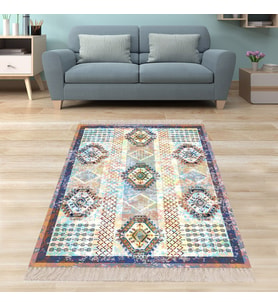 Geometrik Desenli Karo Motif Dijital Baskı Yıkanabilir Kaymaz Taban Etnik Mavi Salon Halısı (Çok Renkli)