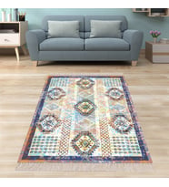 Geometrik Desenli Karo Motif Dijital Baskı Yıkanabilir Kaymaz Taban Etnik Mavi Salon Halısı (Çok Renkli)