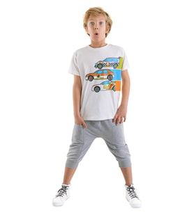 Yarışçı Erkek Çocuk T-shirt Kapri Şort Takım (Gri-Beyaz)