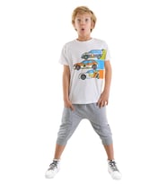 Yarışçı Erkek Çocuk T-shirt Kapri Şort Takım (Gri-Beyaz)